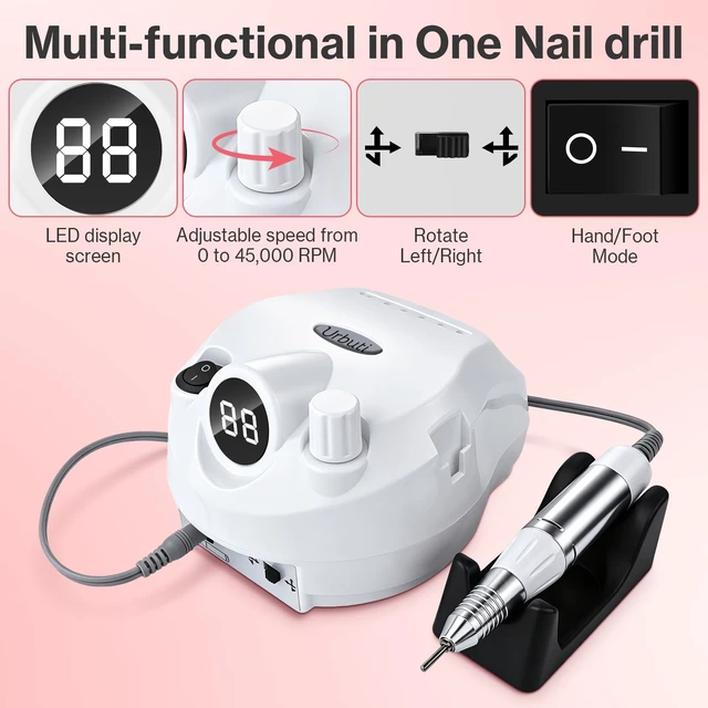 Alt view image 4 of 7 - Electric Nail Drill Foot Pedal 45000RPM,Professional Corded Nail Drill Machine for Acrylic and Gel Nails, LCD Display Electric Nail File with 12 Bits, Manicure Pedicure Tools for Home Salon,White