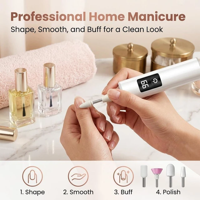 Alt view image 2 of 7 - Cordless Electric Nail File 3-Speed Rechargeable Nail Drill 1 Kit | USB-C Charging, Forward & Reverse Rotation, Built-In LED Light, Lightweight Manicure Tool for Shaping, Buffing & Cuticle Care