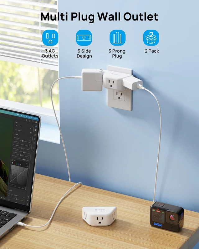 Alt view image 2 of 7 - Multi Plug Outlet Extender 2 Pack, Outlet Splitter for Bathroom | No Blocking with 3 Way Angled Design, Cruise Ship Essentials, Small Multiple Plug Adapter for Kitchen Office, White