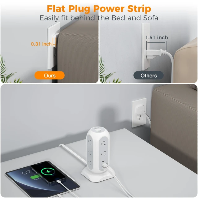 Alt view image 3 of 7 - Tower Power Strip Flat Plug with 1050J Surge Protection, 6 Ft, Grey | 11 Outlets 3 USB (1 USB C), Surge Protector Power Tower, Extension Cord with Multiple Outlets, Dorm, Office Desk Supplies