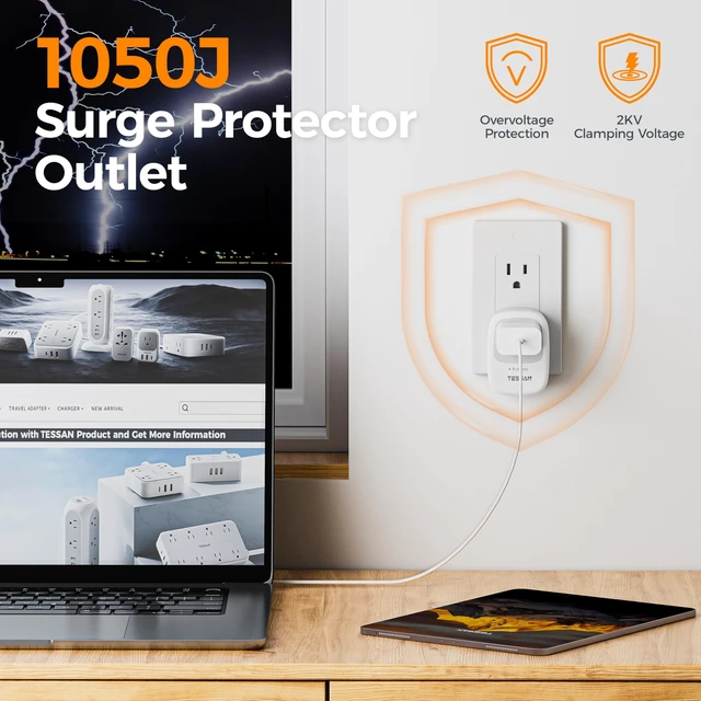 Alt view image 2 of 7 - Single Outlet Wall Surge Protector with 1050J Surge Protector, Grey | Portable Wall Outlet with single plug surge protector for Appliances, Computer, Refrigerator, Treadmill, Massage Chair, 1875W