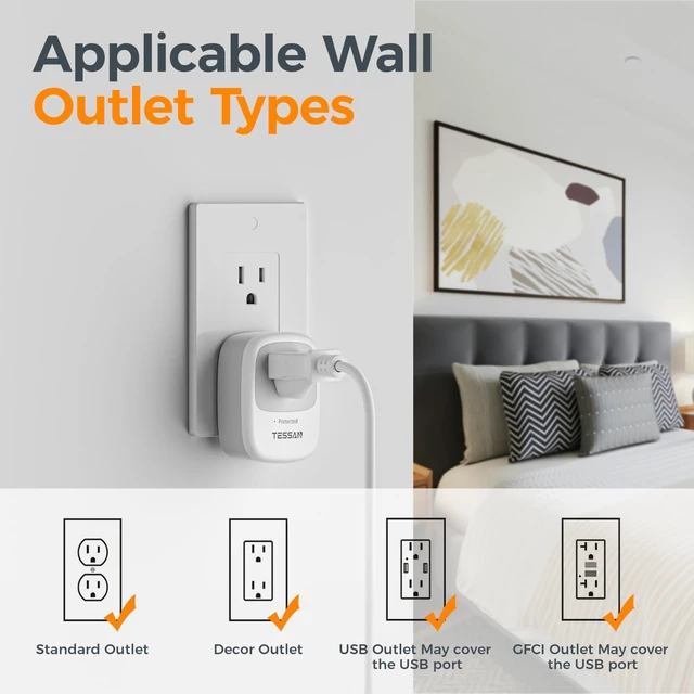 Alt view image 6 of 7 - Single Outlet Wall Surge Protector with 1050J Surge Protector, Grey | Portable Wall Outlet with single plug surge protector for Appliances, Computer, Refrigerator, Treadmill, Massage Chair, 1875W