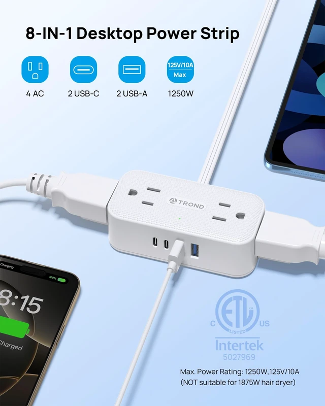 Alt view image 3 of 7 - 360° Rotating Flat Plug Power Strip 5ft, 4 Widely AC Outlets, White | Flat Extension Cord 4 USB Ports (2 USB C), 10A/1250W, Wall Mount, 900J Surge Protector for Office Travel Dorm Room Essentials