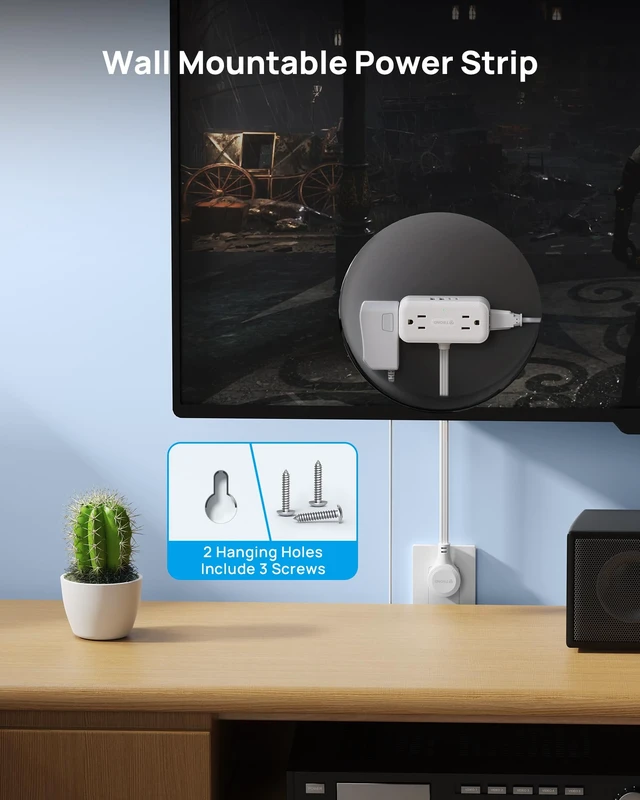 Alt view image 7 of 7 - 360° Rotating Flat Plug Power Strip 5ft, 4 Widely AC Outlets, White | Flat Extension Cord 4 USB Ports (2 USB C), 10A/1250W, Wall Mount, 900J Surge Protector for Office Travel Dorm Room Essentials
