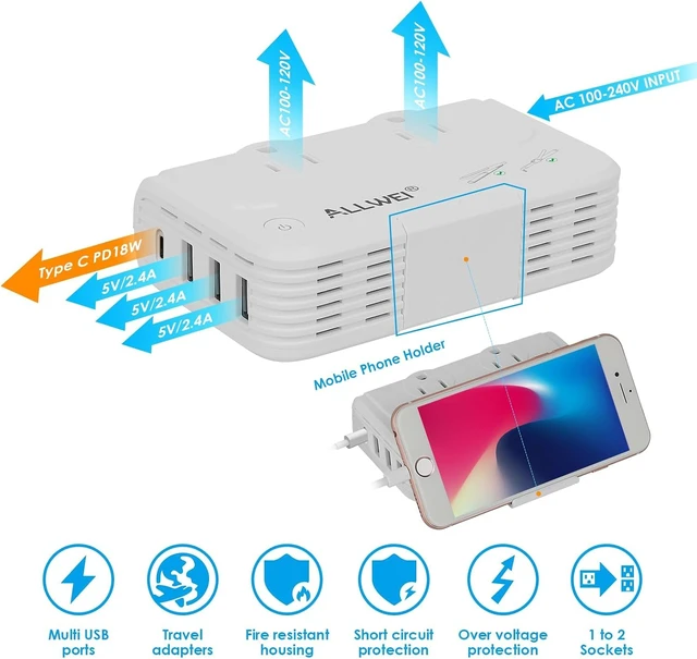 Alt view image 4 of 7 - Travel Converter 220V to 110V Voltage Converter with 4 USB Ports | International Travel Adapter & Power Converter for Hair Straightener/Curling Iron, Universal Plug UK/US/AU/EU/IT/India(White)