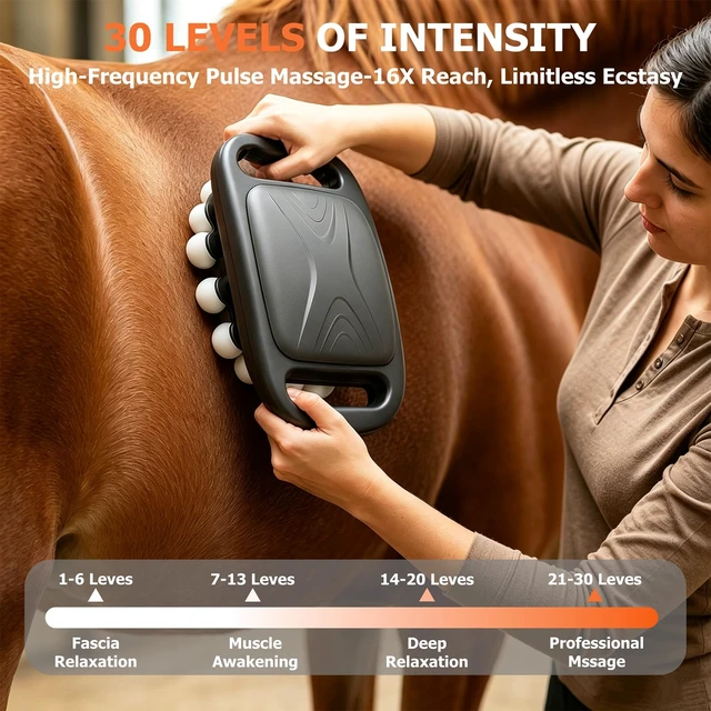 Alt view image 3 of 7 - 16 Heads Horse Massage Gun with Red Light for Equine Recovery Relax | 30dB Low-Noise, 3 Modes 30-Speed, 2000mAh Rechargeable Battery, 10-minute Timer, 50kg Powerful Thrust, 35mm Amplitude