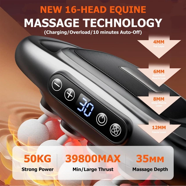 Alt view image 2 of 7 - 16 Heads Horse Massage Gun with Red Light for Equine Recovery Relax | 30dB Low-Noise, 3 Modes 30-Speed, 2000mAh Rechargeable Battery, 10-minute Timer, 50kg Powerful Thrust, 35mm Amplitude