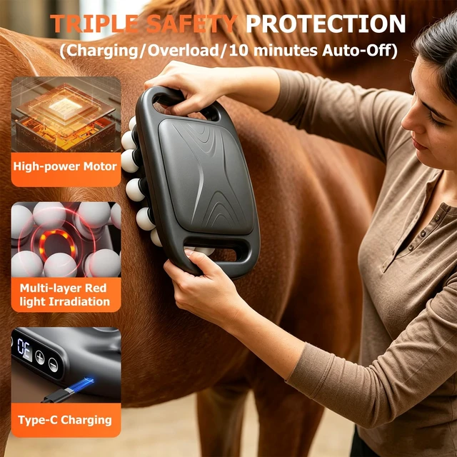 Alt view image 7 of 7 - 16 Heads Horse Massage Gun with Red Light for Equine Recovery Relax | 30dB Low-Noise, 3 Modes 30-Speed, 2000mAh Rechargeable Battery, 10-minute Timer, 50kg Powerful Thrust, 35mm Amplitude