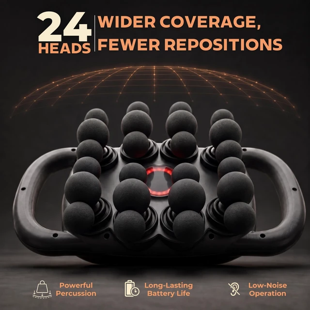 Alt view image 2 of 7 - 24-Head Massage Gun with Heat, Deep Tissue Percussion Back Massager | 24-Point Wide-Area Coverage for Back, Neck & Shoulders; 9 Modes, 12003200 RPM, Type-C Rechargeable