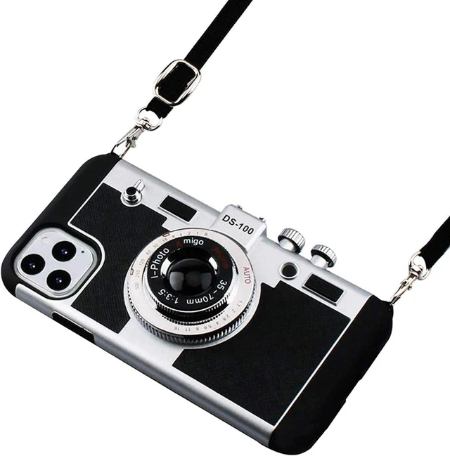 Main image of Phone Case for iPhone 15 Pro Max Vintage Camera Case Cute 3D Unique Design Cover with Removable Neck Strap Lanyard Silicone Case for Girls Kids Women Black