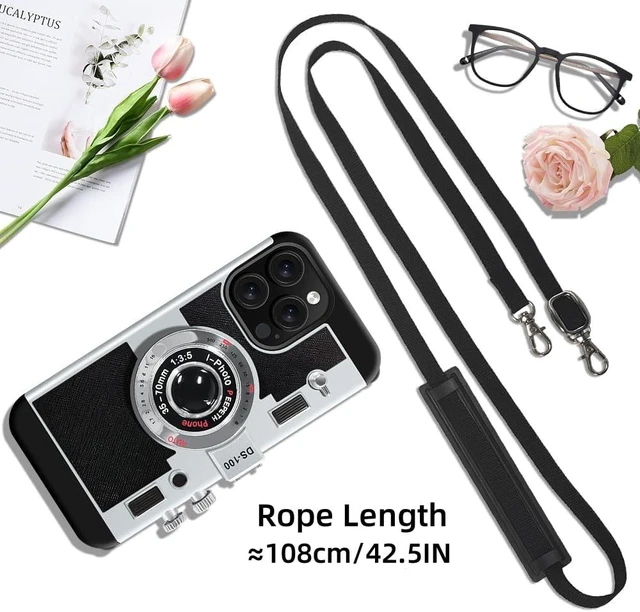 Alt view image 4 of 7 - Phone Case for iPhone 15 Pro Max Vintage Camera Case Cute 3D Unique Design Cover with Removable Neck Strap Lanyard Silicone Case for Girls Kids Women Black