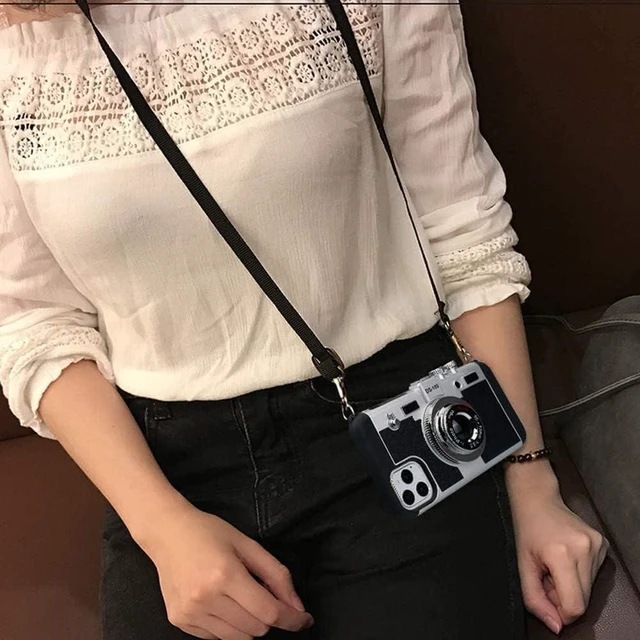 Alt view image 5 of 7 - Phone Case for iPhone 15 Pro Max Vintage Camera Case Cute 3D Unique Design Cover with Removable Neck Strap Lanyard Silicone Case for Girls Kids Women Black