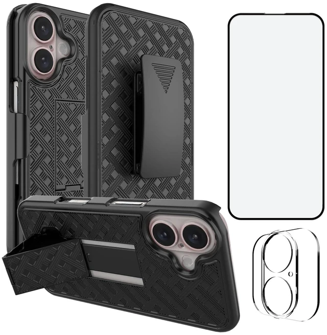 Main image of for iPhone 16 Stand Case, Belt Clip Holster Screen Protector-Black | Camera Lens Protector, Swivel Kickstand Holder, Slim Shell Pouch Full Body Protective, Rugged Shockproof Cell Phone Cover