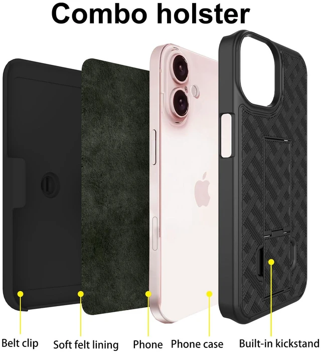 Alt view image 3 of 7 - for iPhone 16 Stand Case, Belt Clip Holster Screen Protector-Black | Camera Lens Protector, Swivel Kickstand Holder, Slim Shell Pouch Full Body Protective, Rugged Shockproof Cell Phone Cover