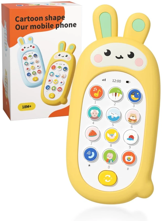 Main image of Baby Cell Phone Toy with Teething Silicon Mobile Phone Shell | Sensory Comfort Toy with 12 Learning Modes & Soothing Lullabies, Gift for Toddler Infants Baby Shower Birthday (Yellow Bunny)