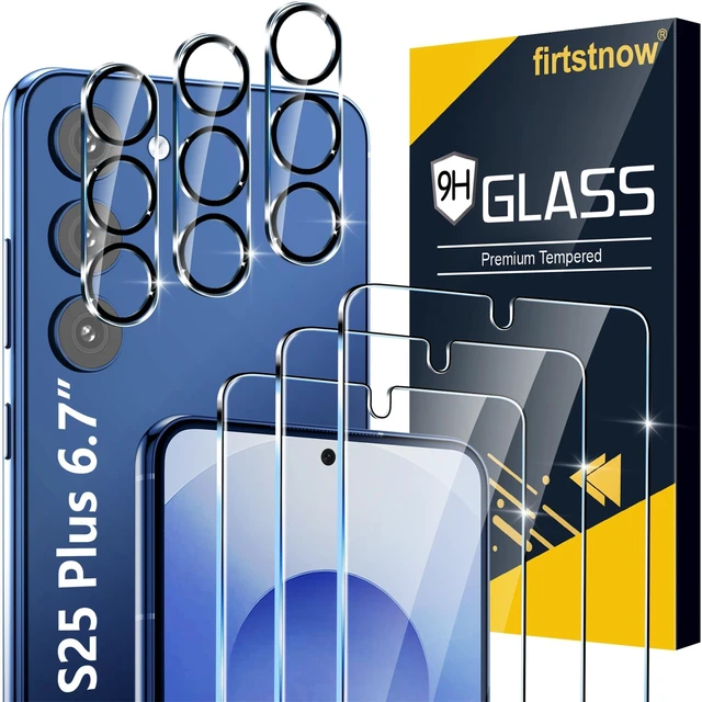 Main image of 3 Pack for Samsung Galaxy S25 Plus Screen Protector Tempered Glass + 3 Pack Camera Lens Protector, Military Grade Shatterproof, 9H Hardness, Fingerprint Unlock, Case Friendly 6.7 Inch