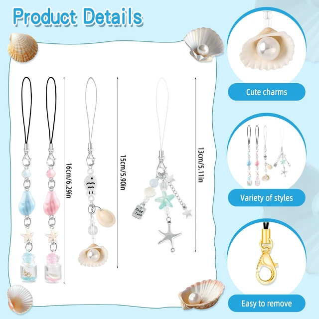 Alt view image 6 of 7 - 4Pcs Shell Phone Charms Cute Beach Cellphone Charm for Case Pink Y2K Kawaii Car Charms Kit Blue Strap Charm for iPhone Pearl Keychain Pendants Aesthetic Phone Accessories for Bag Airpods Camera