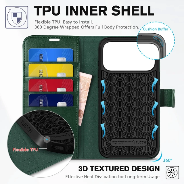 Alt view image 5 of 7 - Wallet Case for iPhone 18 Pro Max/17 Pro Max, 4 Card Slots, Evergreen | RFID Blocking, Viewing Stand, Shockproof TPU Shell, PU Leather, Magnetic Closure, Protective Folio Flip Cover