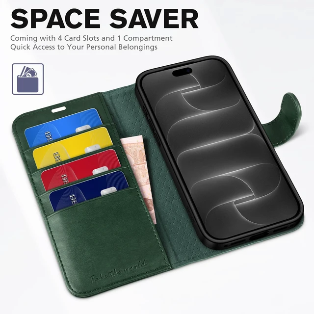 Alt view image 7 of 7 - Wallet Case for iPhone 18 Pro Max/17 Pro Max, 4 Card Slots, Evergreen | RFID Blocking, Viewing Stand, Shockproof TPU Shell, PU Leather, Magnetic Closure, Protective Folio Flip Cover
