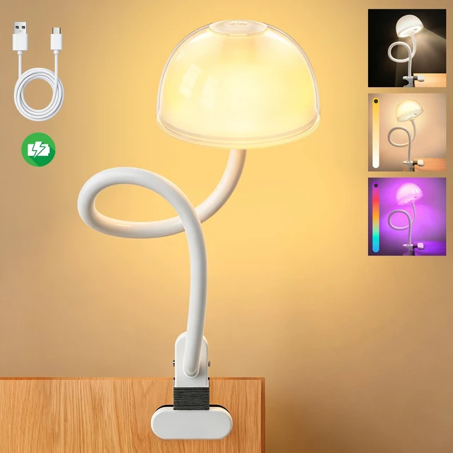 Alt view image 2 of 7 - Rechargeable Clip on Light for Bed, Cordless Reading Light, Gooseneck lamp | Mushroom Touch Control Bedside Lamps with Stepless Dimming , RGB & 3 Color Temperatures, for Headboard, Desk, Dorm