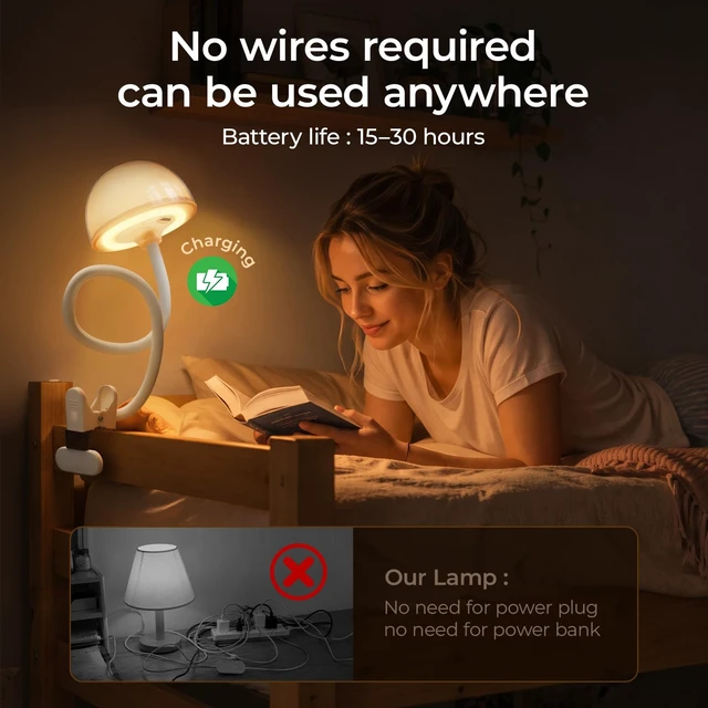 Alt view image 3 of 7 - Rechargeable Clip on Light for Bed, Cordless Reading Light, Gooseneck lamp | Mushroom Touch Control Bedside Lamps with Stepless Dimming , RGB & 3 Color Temperatures, for Headboard, Desk, Dorm
