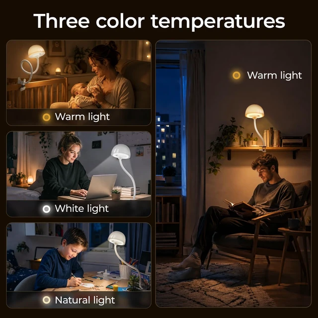 Alt view image 5 of 7 - Rechargeable Clip on Light for Bed, Cordless Reading Light, Gooseneck lamp | Mushroom Touch Control Bedside Lamps with Stepless Dimming , RGB & 3 Color Temperatures, for Headboard, Desk, Dorm