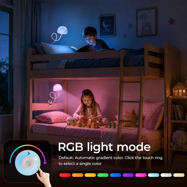 Alt view image 6 of 7 - Rechargeable Clip on Light for Bed, Cordless Reading Light, Gooseneck lamp | Mushroom Touch Control Bedside Lamps with Stepless Dimming , RGB & 3 Color Temperatures, for Headboard, Desk, Dorm