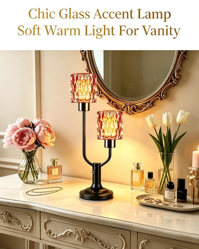 Alt view image 2 of 7 - Mid Century Modern Table Lamp Vintage Red Glass Lamp Dimmable | 2Bulbs Included Nightstand Lamp Black Desk Lamp Warmwhite Ambient Bedside Lamps for Bedroom Living Room Home Decor Gift Box