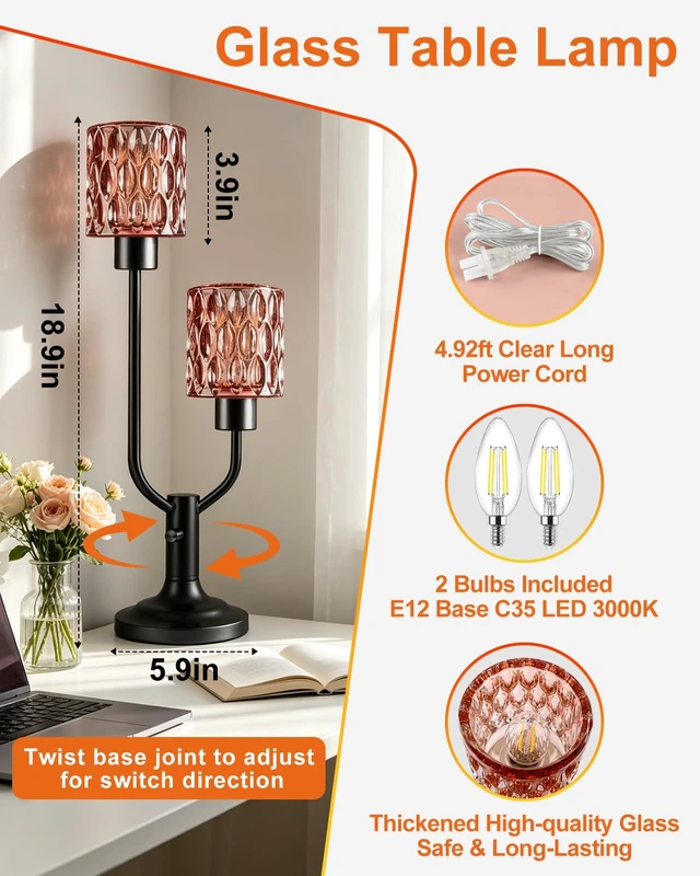 Alt view image 4 of 7 - Mid Century Modern Table Lamp Vintage Red Glass Lamp Dimmable | 2Bulbs Included Nightstand Lamp Black Desk Lamp Warmwhite Ambient Bedside Lamps for Bedroom Living Room Home Decor Gift Box