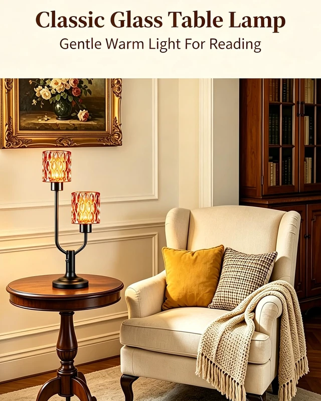 Alt view image 3 of 7 - Mid Century Modern Table Lamp Vintage Red Glass Lamp Dimmable | 2Bulbs Included Nightstand Lamp Black Desk Lamp Warmwhite Ambient Bedside Lamps for Bedroom Living Room Home Decor Gift Box