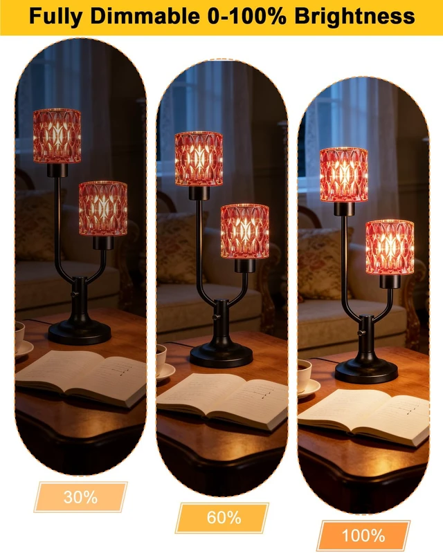 Alt view image 5 of 7 - Mid Century Modern Table Lamp Vintage Red Glass Lamp Dimmable | 2Bulbs Included Nightstand Lamp Black Desk Lamp Warmwhite Ambient Bedside Lamps for Bedroom Living Room Home Decor Gift Box