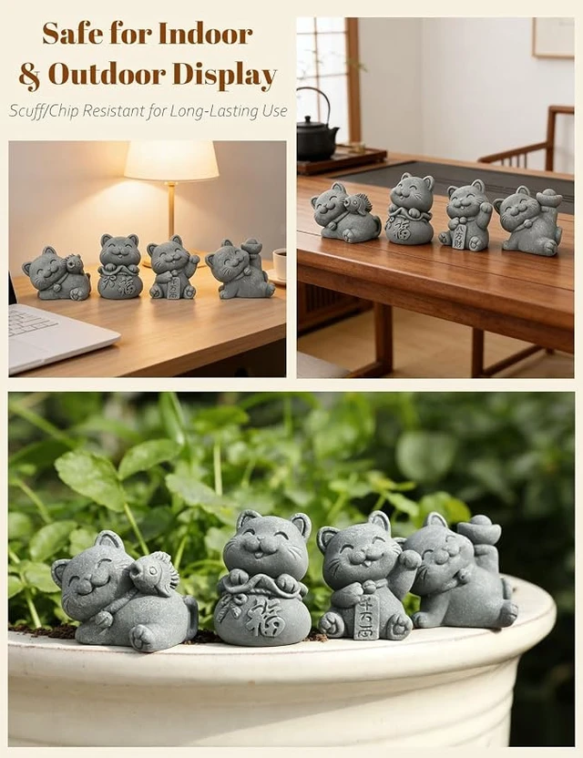 Alt view image 2 of 6 - 4 Piece Cute Lucky Cat Statue Set, Sandstone Feng Shui Fortune Figurines, Wealth & Good Luck Desk/Garden Decor for Home Office
