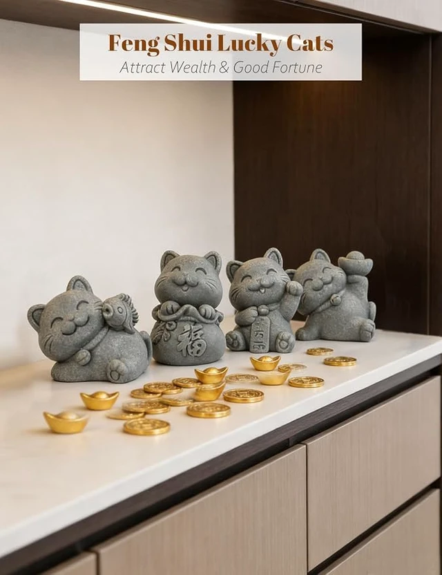 Alt view image 3 of 6 - 4 Piece Cute Lucky Cat Statue Set, Sandstone Feng Shui Fortune Figurines, Wealth & Good Luck Desk/Garden Decor for Home Office