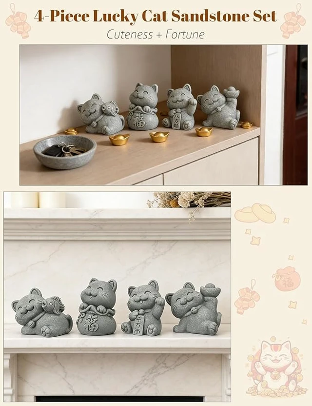 Alt view image 6 of 6 - 4 Piece Cute Lucky Cat Statue Set, Sandstone Feng Shui Fortune Figurines, Wealth & Good Luck Desk/Garden Decor for Home Office