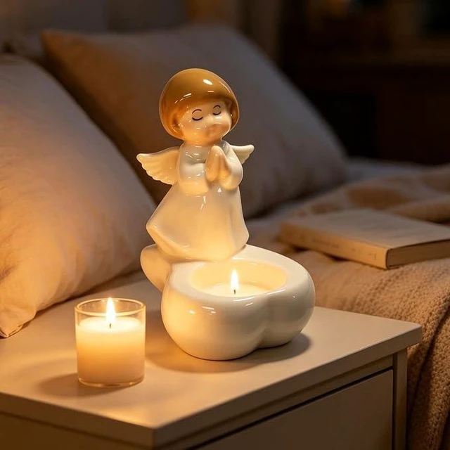 Alt view image 3 of 3 - Cute Tealight Candle Holder, Small Praying Angel Ceramic Holders for Candle/Ring/Jewelry for Home Decor, Unique Gifts for Housewarming/Halloween/Thanksgiving/Christmas/Birthday Gift