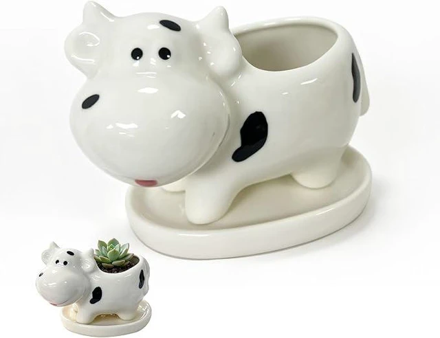 Alt view image 3 of 3 - Mini Cute Cow Animal Succulent Planter, 4.72 Inch Tiny Cartoon Cow Flower Pot with Matching Drip Tray, for Desktop Mini Micro Plant Decor, Whimsical Novelty Gift for Home Office Table Display