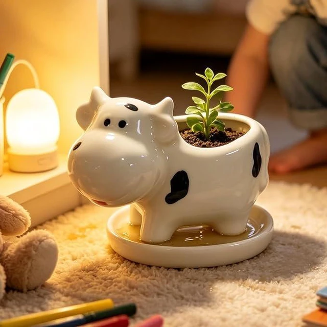 Main image of Mini Cute Cow Animal Succulent Planter, 4.72 Inch Tiny Cartoon Cow Flower Pot with Matching Drip Tray, for Desktop Mini Micro Plant Decor, Whimsical Novelty Gift for Home Office Table Display