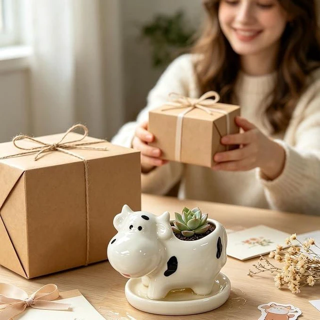 Alt view image 2 of 3 - Mini Cute Cow Animal Succulent Planter, 4.72 Inch Tiny Cartoon Cow Flower Pot with Matching Drip Tray, for Desktop Mini Micro Plant Decor, Whimsical Novelty Gift for Home Office Table Display