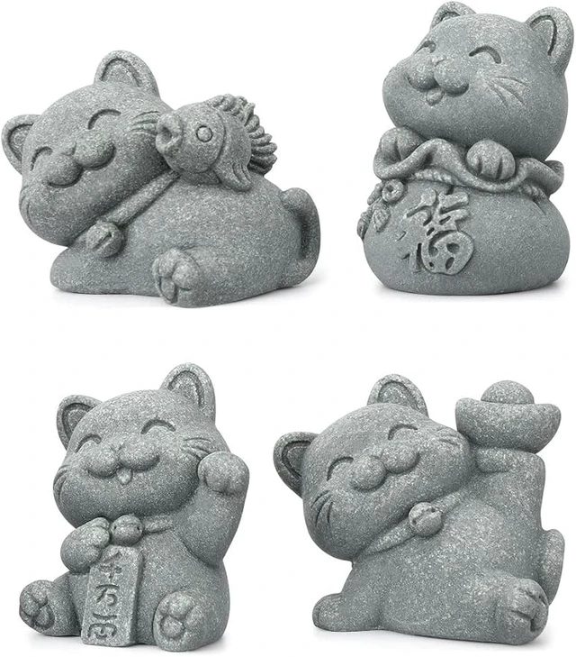 Alt view image 3 of 3 - 4 Piece Cute Lucky Cat Statue Set, Sandstone Feng Shui Fortune Figurines, Wealth & Good Luck Desk/Garden Decor for Home Office