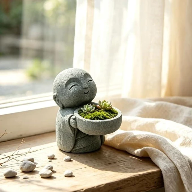 Alt view image 5 of 5 - Zen Monk Figurine Succulent Planter Pot, Mini Sandstone Buddha Flower Pot, Small Cactus Planter for Indoor Plants, Meditation, Home Office Desktop Decor, Unique Housewarming Gift
