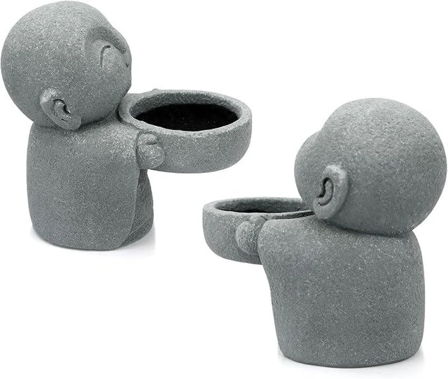 Alt view image 3 of 5 - Zen Monk Figurine Succulent Planter Pot, Mini Sandstone Buddha Flower Pot, Small Cactus Planter for Indoor Plants, Meditation, Home Office Desktop Decor, Unique Housewarming Gift