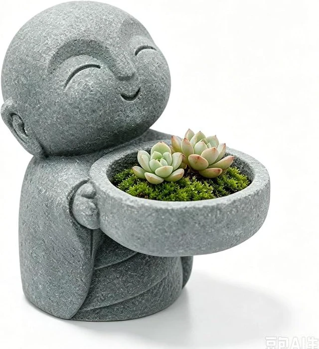 Main image of Zen Monk Figurine Succulent Planter Pot, Mini Sandstone Buddha Flower Pot, Small Cactus Planter for Indoor Plants, Meditation, Home Office Desktop Decor, Unique Housewarming Gift