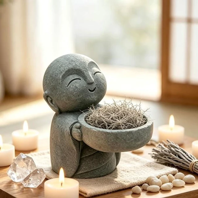 Alt view image 2 of 5 - Zen Monk Figurine Succulent Planter Pot, Mini Sandstone Buddha Flower Pot, Small Cactus Planter for Indoor Plants, Meditation, Home Office Desktop Decor, Unique Housewarming Gift