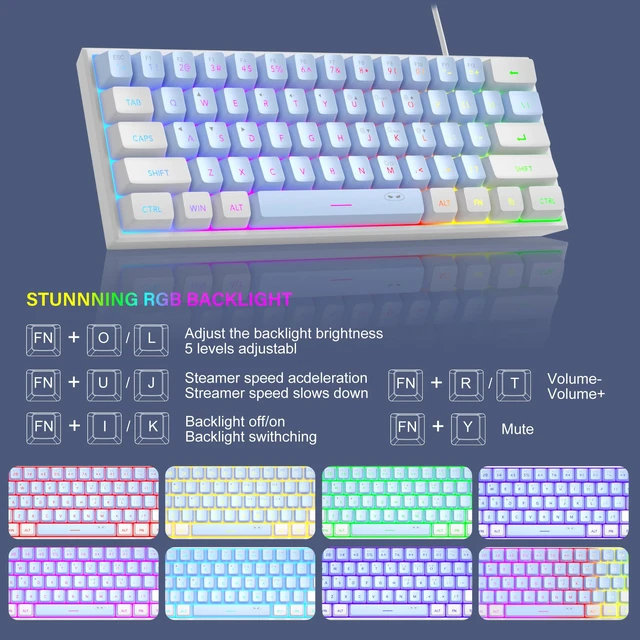 Alt view image 2 of 6 - Camiysn Mini Gaming Keyboard, 60% Percent Keyboard, 61 Keys Mechanical Feel, Compact RGB Backlit, Waterproof Circuit Board, White Black, Compatible with Windows PC, Mac, PS4, Xbox One (White Blue)