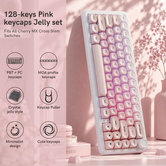 Alt view image 2 of 6 - dagaladoo PBT Keyboard keycaps,moa keycaps Jelly,Gradient White/Pink | Dye Sublimation custom Key caps,Cute keycaps for Cherry Gateron MX Switches Mechanical Keyboards,128-keys