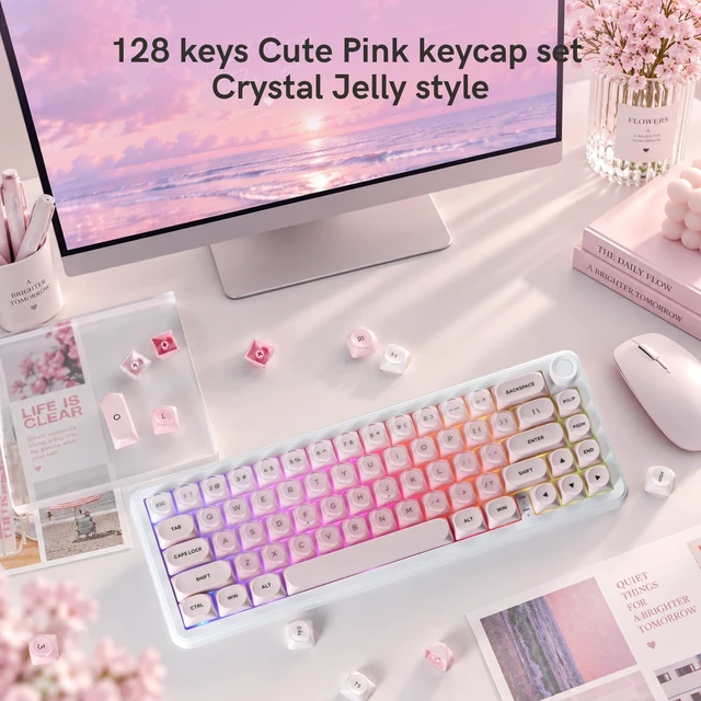 Alt view image 3 of 6 - dagaladoo PBT Keyboard keycaps,moa keycaps Jelly,Gradient White/Pink | Dye Sublimation custom Key caps,Cute keycaps for Cherry Gateron MX Switches Mechanical Keyboards,128-keys