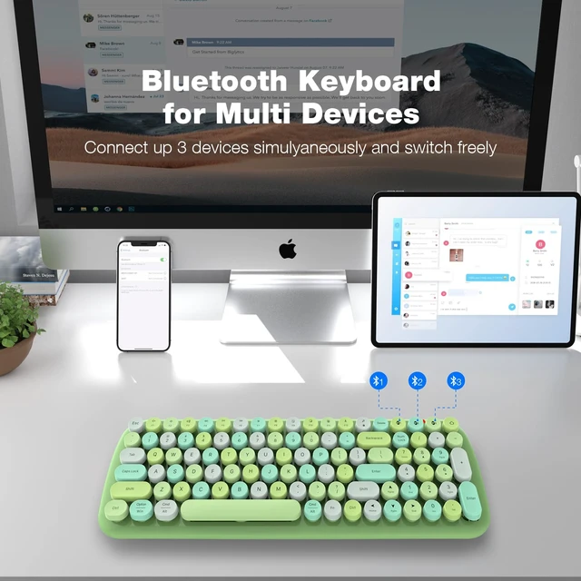 Alt view image 6 of 7 - KNOWSQT Bluetooth Keyboard - Green Colorful Multi Device Wireless Typewriter Keyboards - Round Keycaps 100 Keys Cute Keyboard for Windows, Laptop, PC, Tablet, iPad, iPhone, Chrome
