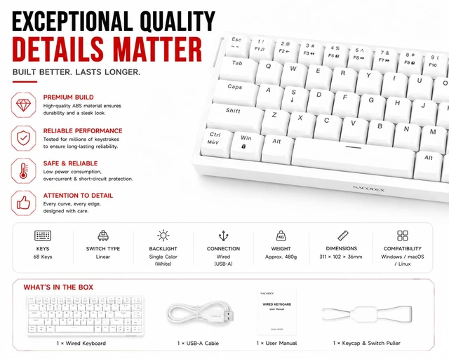 Alt view image 7 of 7 - AJAZZ NK68 V2 Mechanical Keyboard Wired, 68 Key Hot Swappable Gaming Keyboard, Compact 65% Mini Keyboard with Mixed Backlight, Full N-Key Rollover for PC Mac Office
