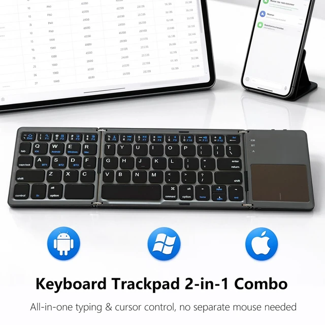 Alt view image 2 of 7 - Foldable Keyboard with Touchpad for Phone and Tablet, Ultra Slim Compact | 3-Device Bluetooth Switching, Multi-touch Trackpad, Full Shortcut Row, Phone Holder, USB-C Charging, Travel & Mobile Work