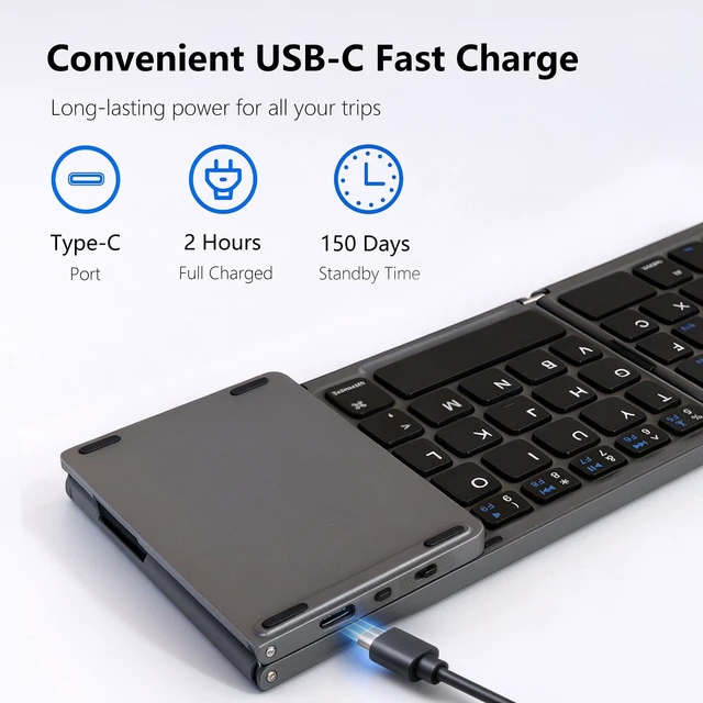 Alt view image 3 of 7 - Foldable Keyboard with Touchpad for Phone and Tablet, Ultra Slim Compact | 3-Device Bluetooth Switching, Multi-touch Trackpad, Full Shortcut Row, Phone Holder, USB-C Charging, Travel & Mobile Work